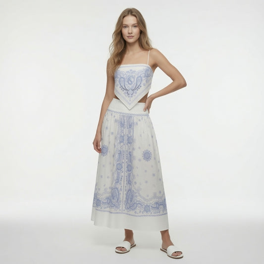 Conjunto Elegante Top Halter y Falda Larga Con Estampado De Algodón y Lino, Estilo Etnico, Moda Mujer En Tendencia.