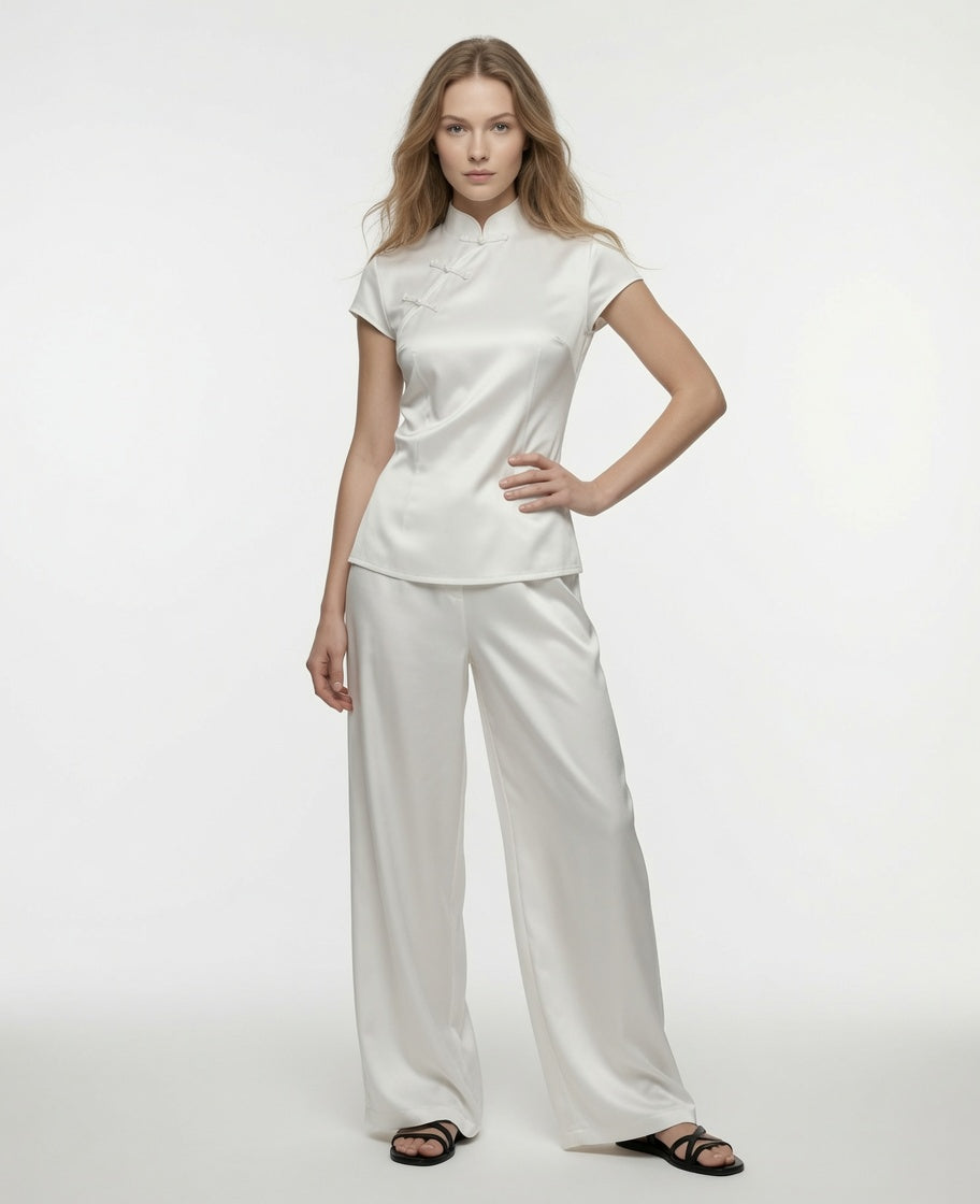Blusa Elegante De Manga Corta Estilo Chino Casual Formal Moda Mujer En Tendencia