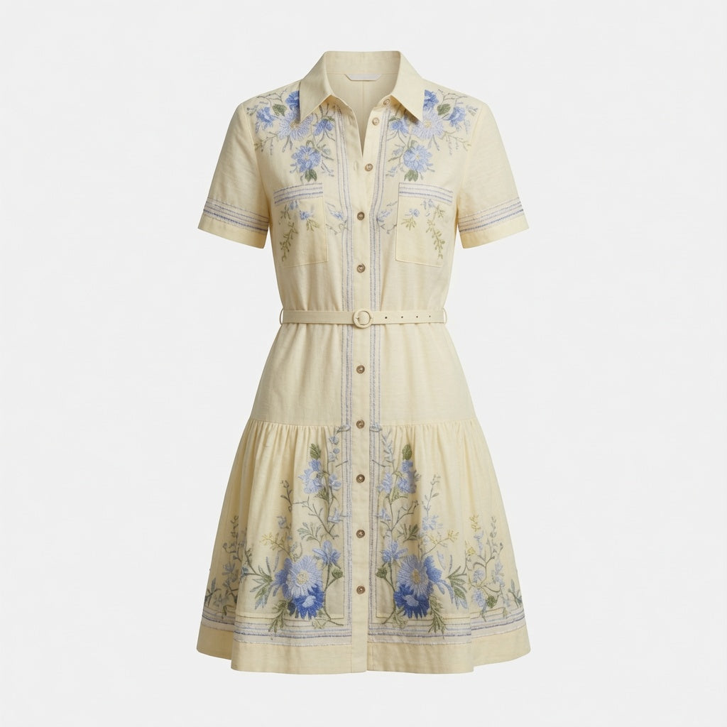 Vestido Elegante  Cuello Camisero Corto Estampado Floral Moda Mujer En Tendencia