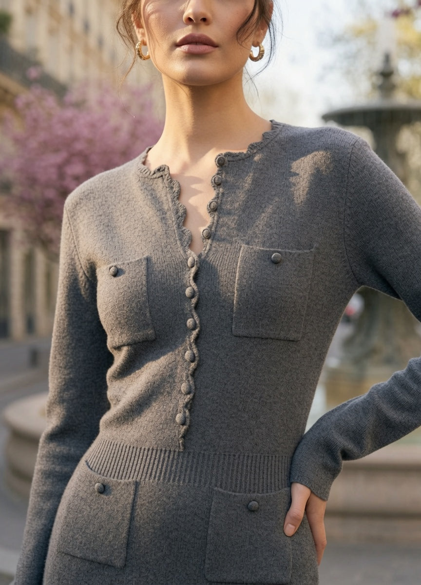 Vestido Elegante Midi De Punto Con Borde Ondulado Moda Mujer En Tendencia.