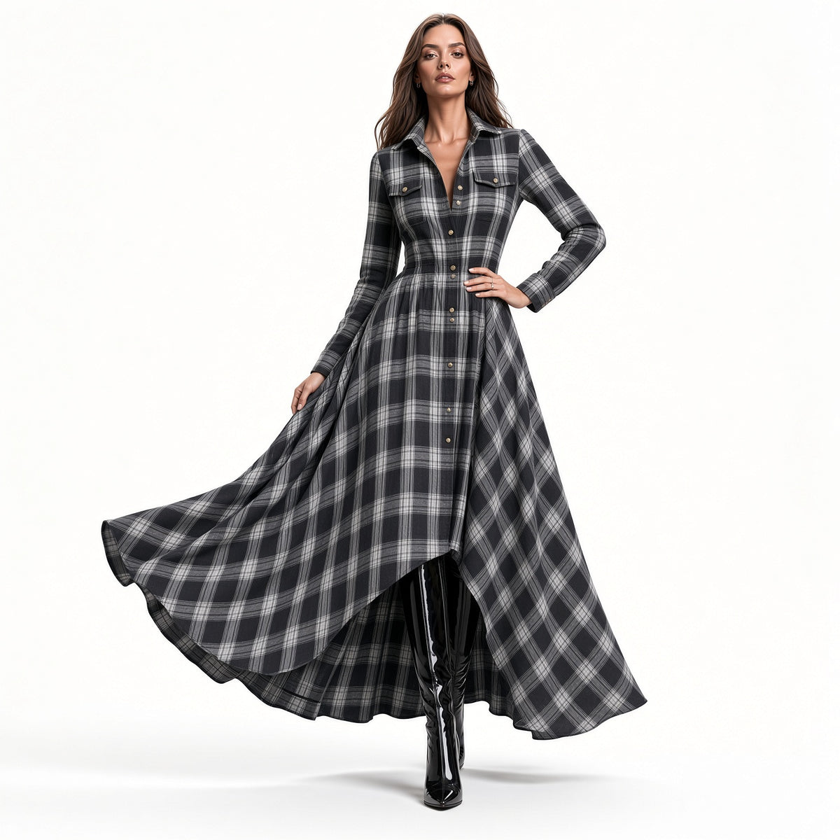 Elegante Vestido Largo Holgado Con Estampado De Cuadros Vintage Botones De Solapa Manga Larga Moda Mujer En Tendencia