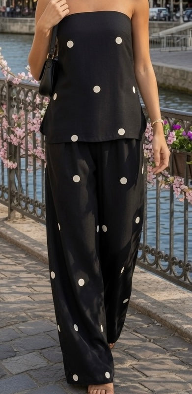 Conjunto Elegante Top Con Tirantes y Pantalón De Pierna Ancha Tipo Mediterráneo Moda Mujer En Tendencia