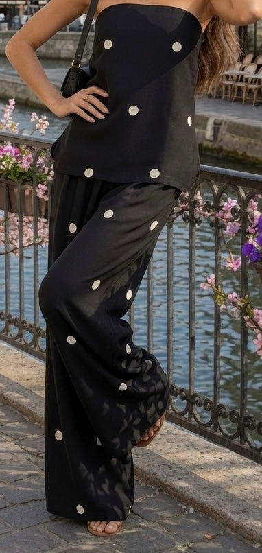 Conjunto Elegante Top Con Tirantes y Pantalón De Pierna Ancha Tipo Mediterráneo Moda Mujer En Tendencia