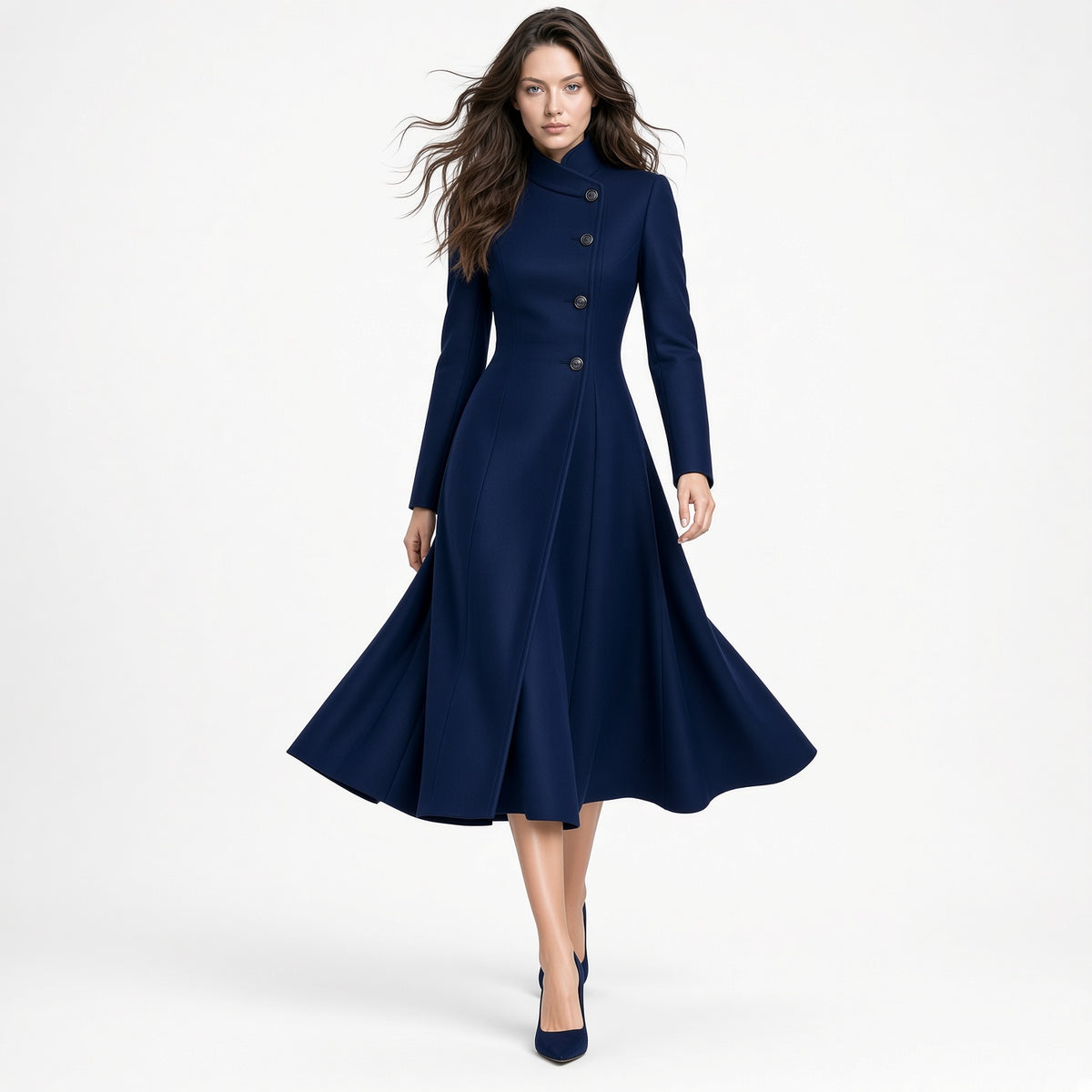 Elegante Vestido Cuello Alto Manga Y  Falda Larga Casual Moda Mujer En Tendencia
