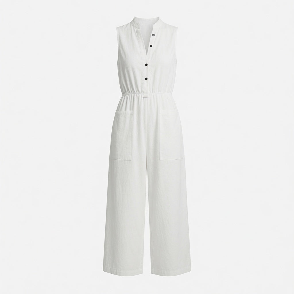 Elegante Mono Casual en Color Liso Holgado Pierna Ancha Sin Mangas Cuello Alto Con Botones Moda Mujer En Tendencia 4 Tonos Mas