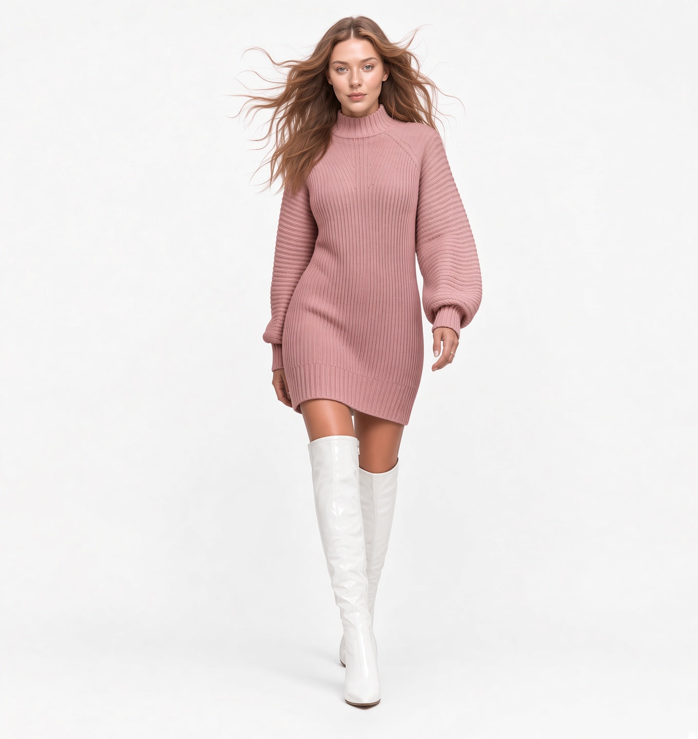 Vestido Suéter Elegante Casual De Punto Manga Larga Cuello Alto Moda Mujer En Tendencia