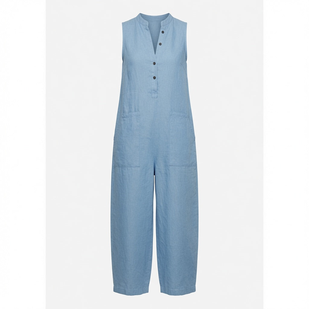 Elegante Mono Casual en Color Liso Holgado Pierna Ancha Sin Mangas Cuello Alto Con Botones Moda Mujer En Tendencia 4 Tonos Mas