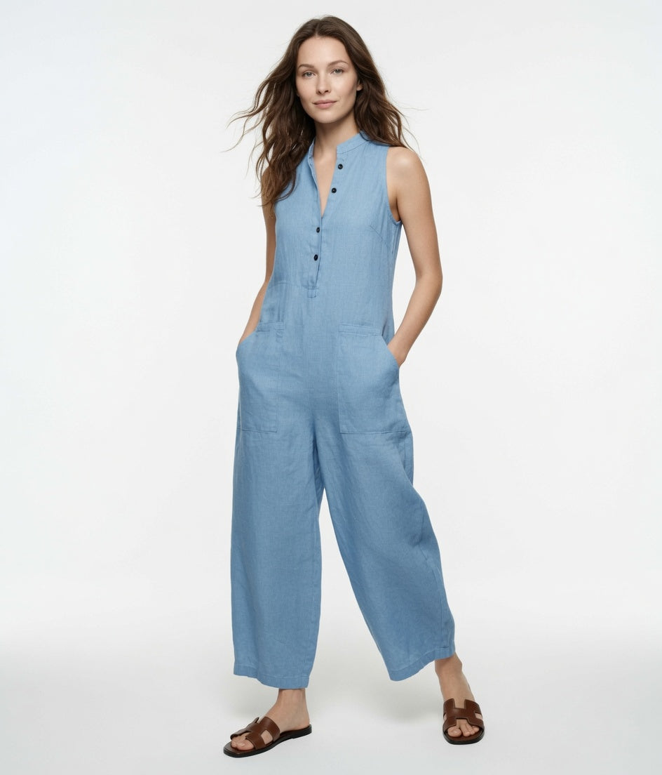 Elegante Mono Casual en Color Liso Holgado Pierna Ancha Sin Mangas Cuello Alto Con Botones Moda Mujer En Tendencia 4 Tonos Mas