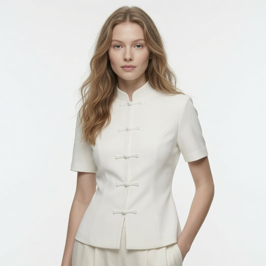 Blusa Estilo Chino Para Mujer Casual Formal Elegante Manga Corta Cuello Mao Moda En tendencia