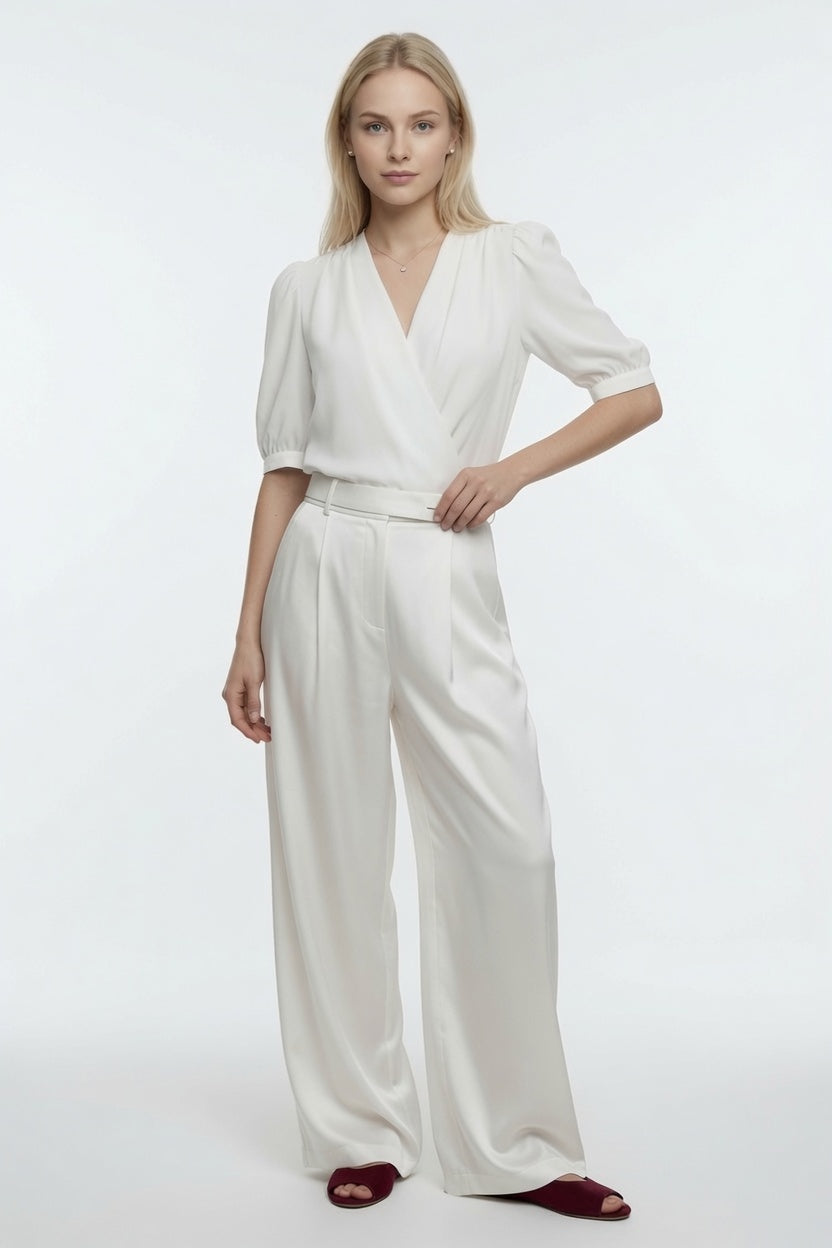 Blusa Elegante De Gasa Con Cuello V Manga Corta De Linterna Moda Mujer En Tendencia
