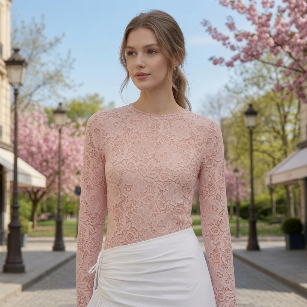 Conjunto Elegante Top De Encaje Rosa y Falda larga Blanca Moda Mujer En Tendencia.