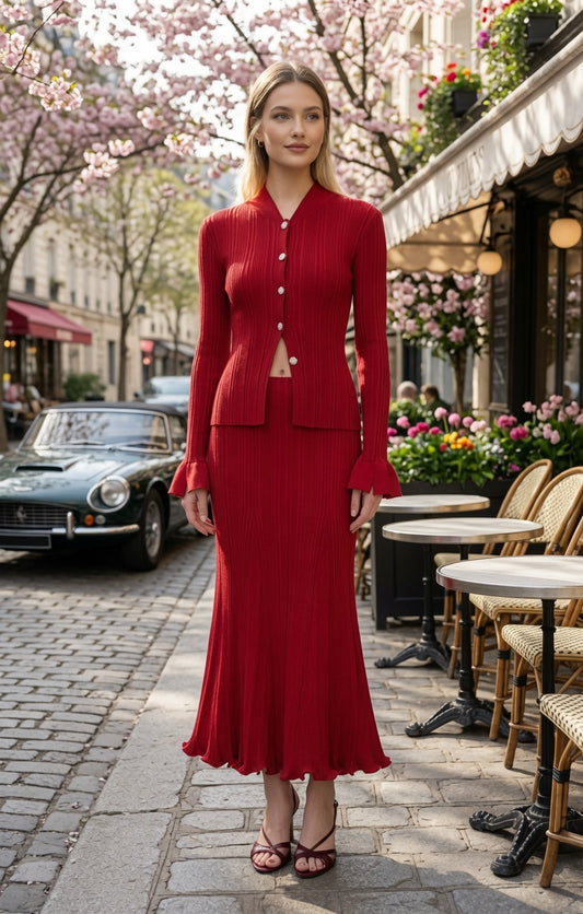 Conjunto Elegante Top Manga Larga y Falda Larga De Punto Con Volantes Moda Mujer En Tendencia