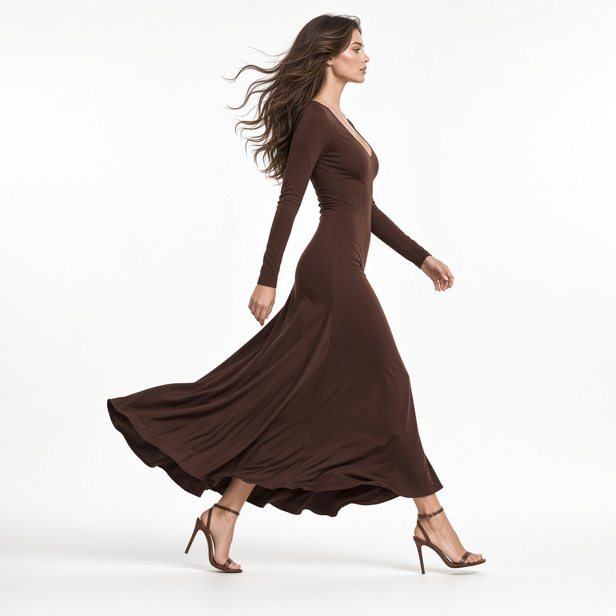 Elegante Vestido Midi largo Marrón Cuello V Manga Larga Casual Formal  Moda Mujer En Tendencia