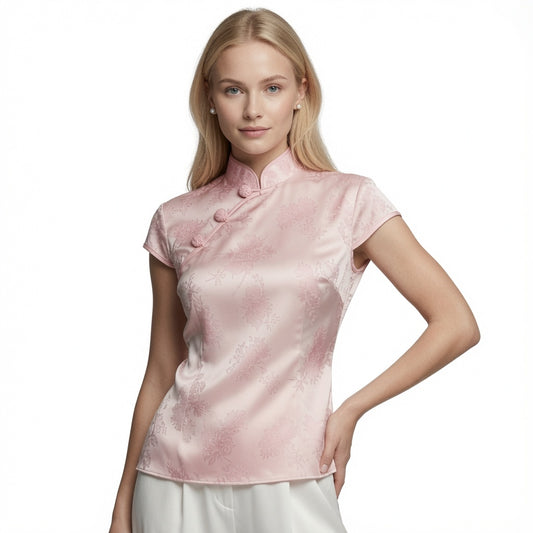 Elegante Blusa Estilo Chino Corte Entallado Con Bordado Textura De Seda Manga Corta Moda Mujer En Tendencia