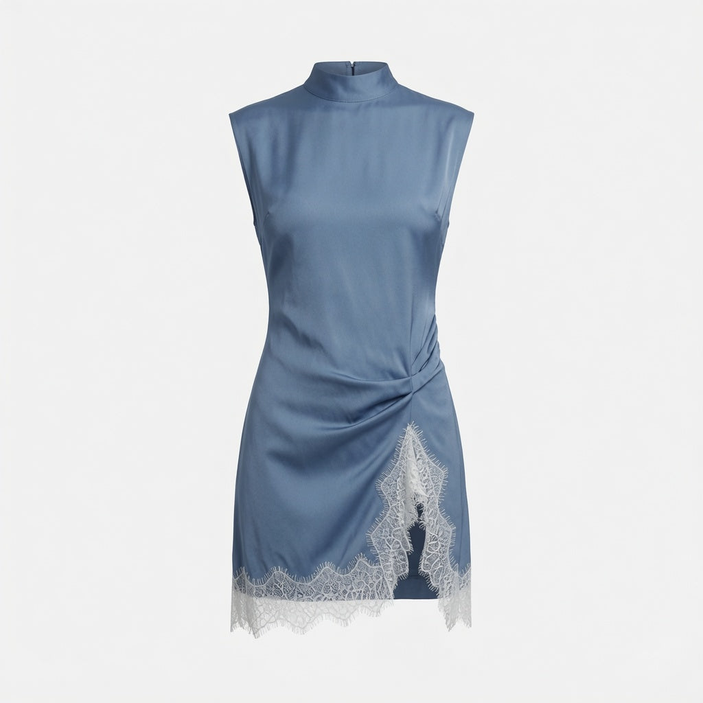 Vestido Elegante Corto Sin Mangas Con Cuello Alto y Encaje Casual Moda Mujer En Tendencia