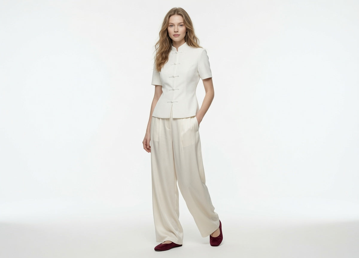Blusa Estilo Chino Para Mujer Casual Formal Elegante Manga Corta Cuello Mao Moda En tendencia
