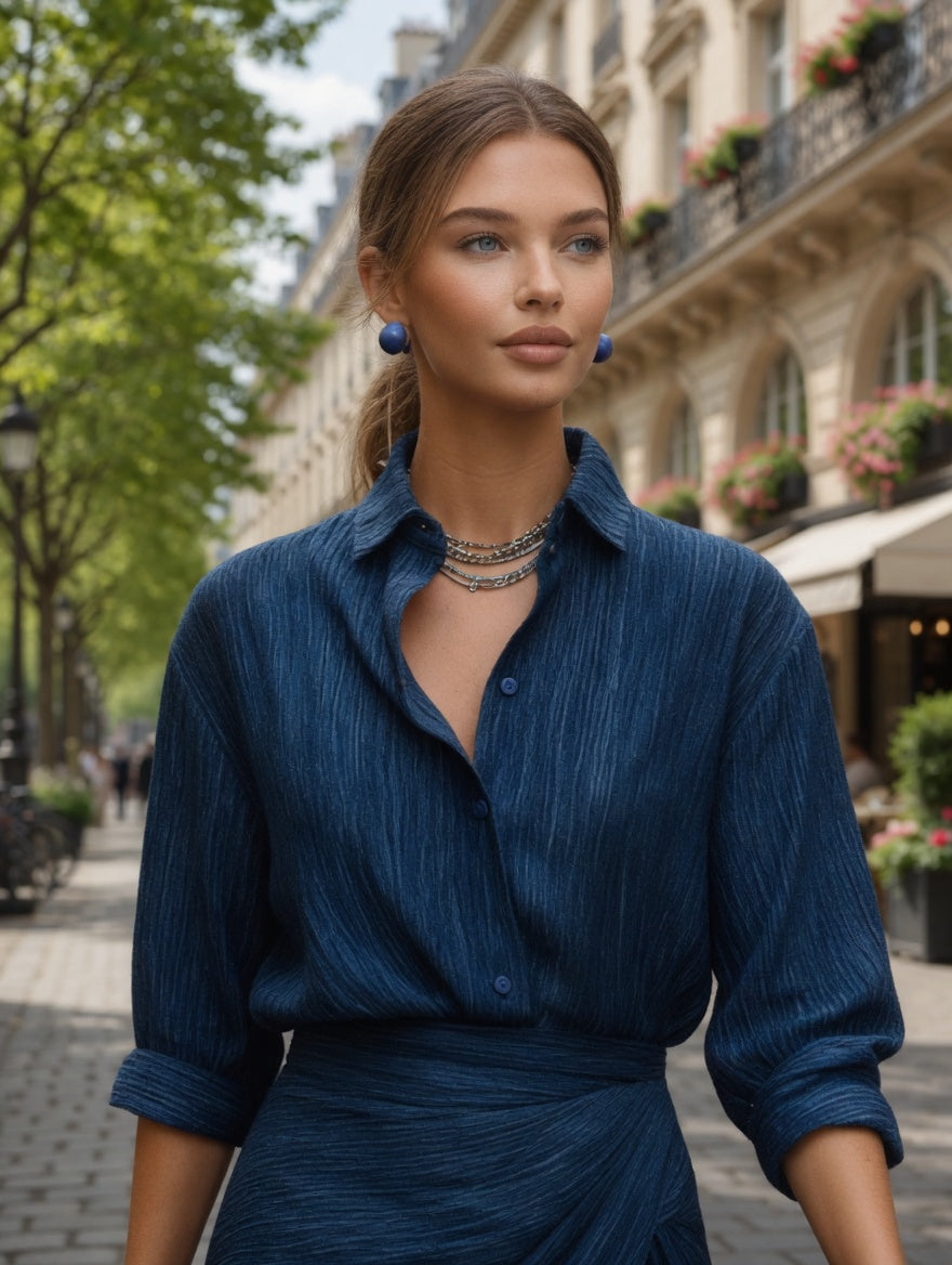 Conjunto De Falda  Larga Y Camisa Casual Formal De Algodón Y Lino Azul Marino En Tendencia