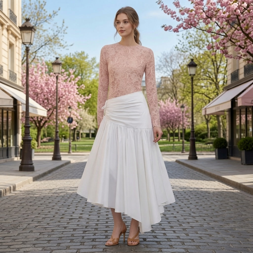 Conjunto Elegante Top De Encaje Rosa y Falda larga Blanca Moda Mujer En Tendencia.