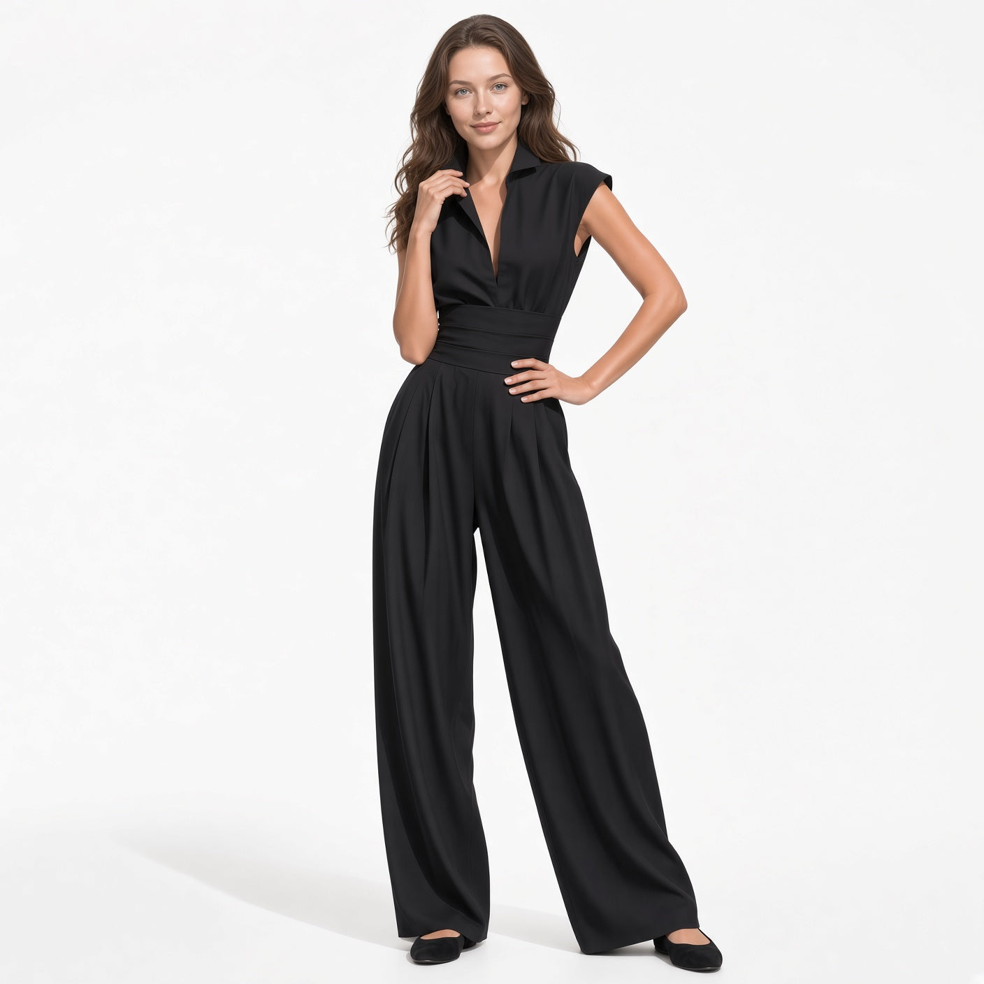 Mono Elegantes Casual Cintura Media Pantalón Holgado Pierna Ancha Tela Poliéster Moda Mujer En Tendencia