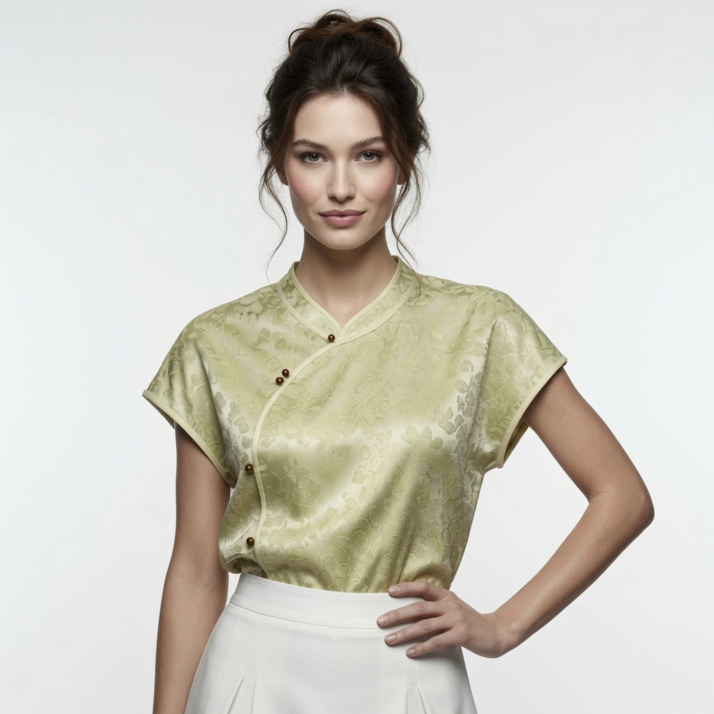 elegante Blusa Estilo Chino Sin Mangas Top Con Botones y  Tapeta Oblicua Moda Mujer En Tendencia