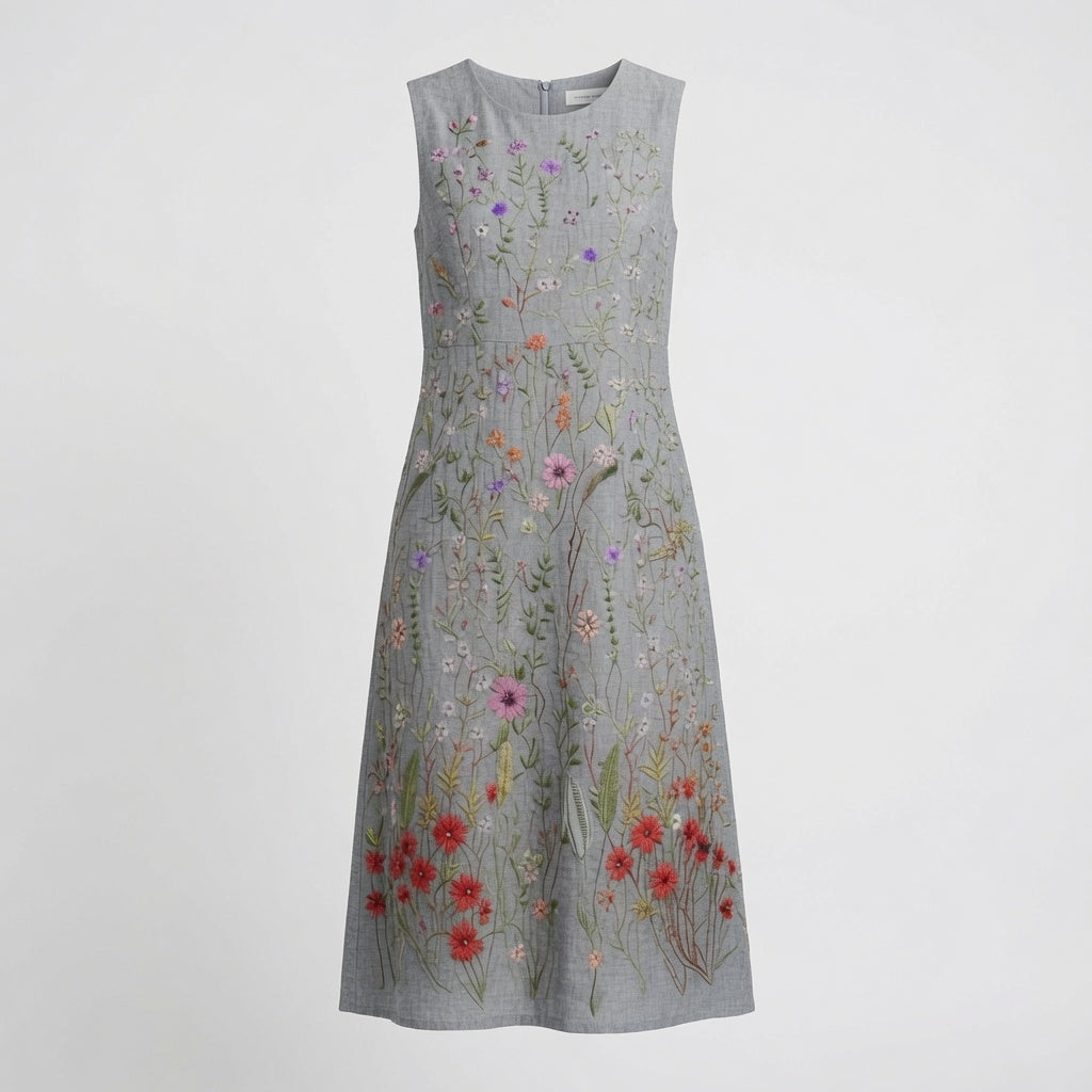 Vestido Midi Largo Tendencia Gris Floral