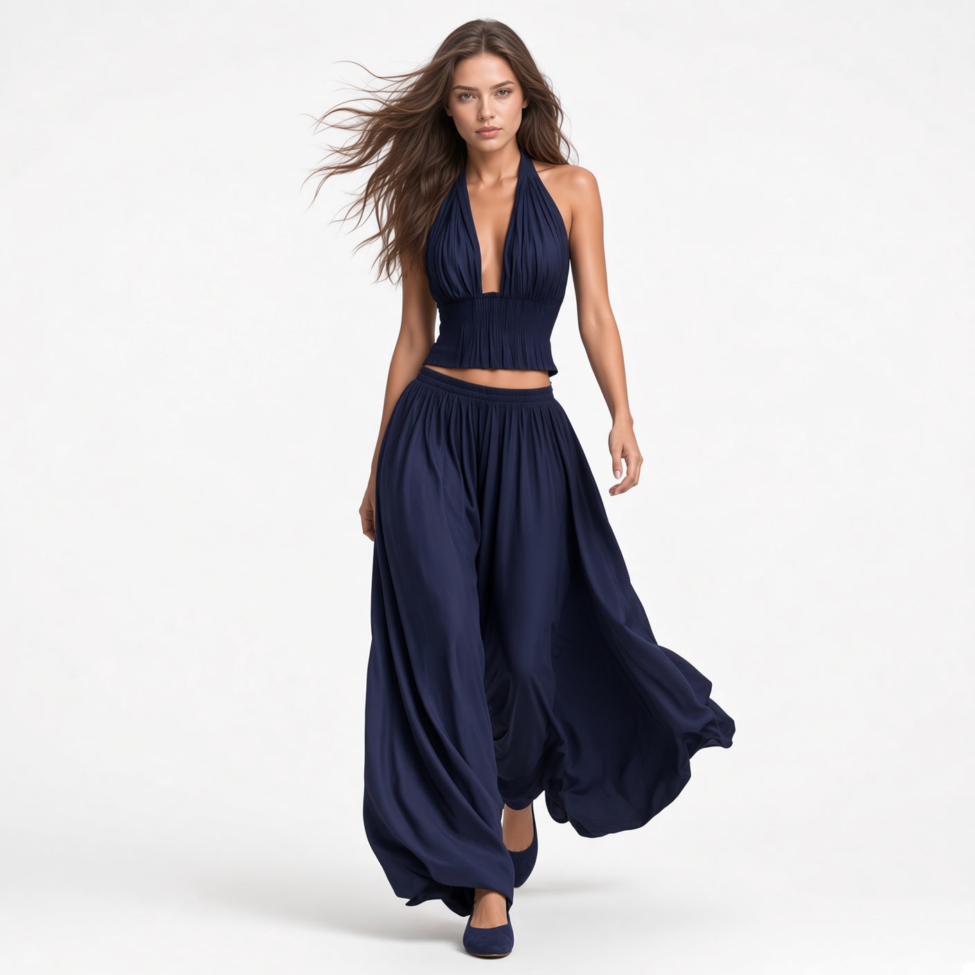 Conjunto Elegante Casual Estilo Boho Cuello Halter Y Aberturas Pantalones Holgados Cintura Elástica Moda Mujer En Tendencia