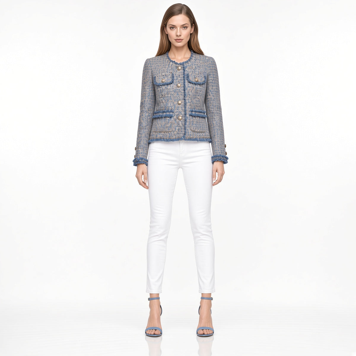 Elegante Chaqueta Casual Azul Cielo Vintage Estilo francés Moda Mujer En Tendencia