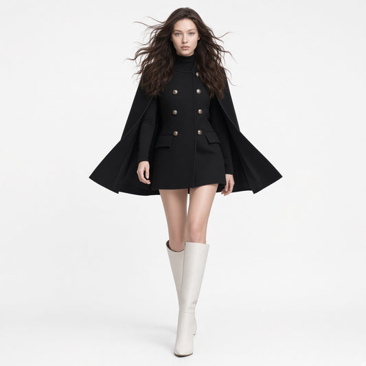 Abrigo Elegante Casual Formal Medio Largo De Lana Capa Negra Cuello Levantado Moda Mujer En Tendencia