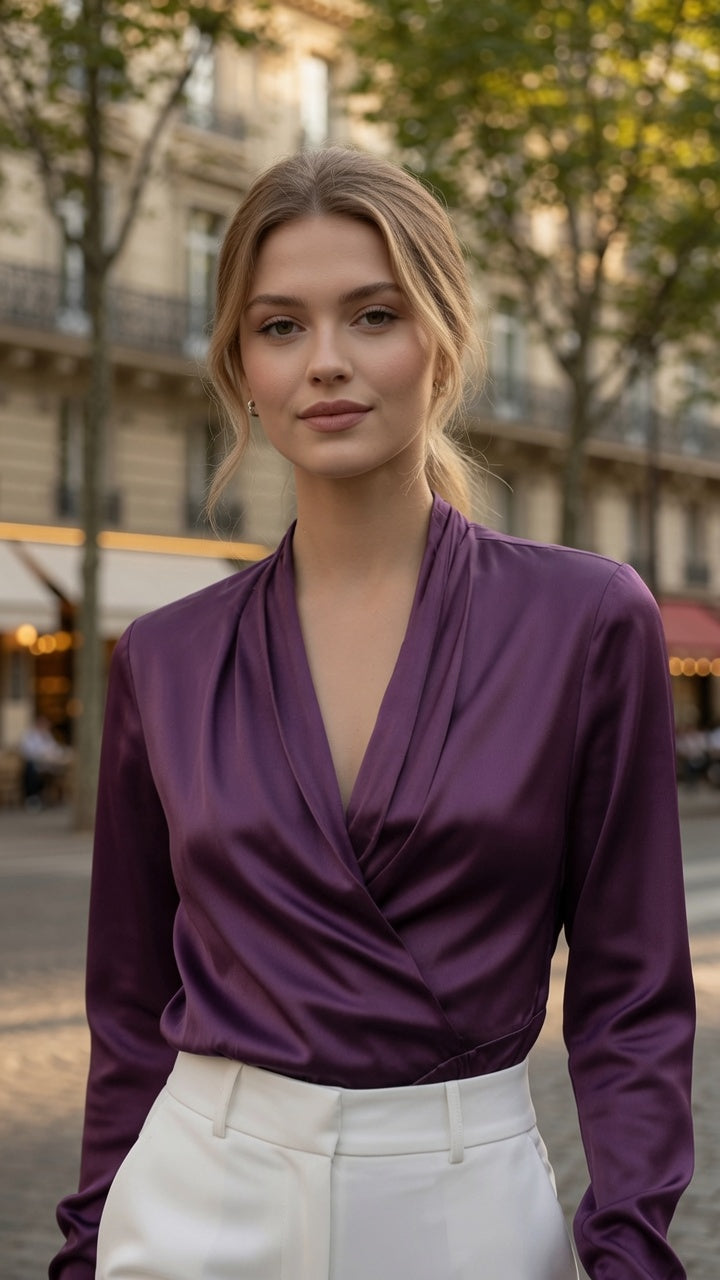 Top Elegante De Satén Con Cuello V En Manga Larga Casual Formal Moda Mujer En Tendencia 2 Tonos Mas 2 Tonos Mas