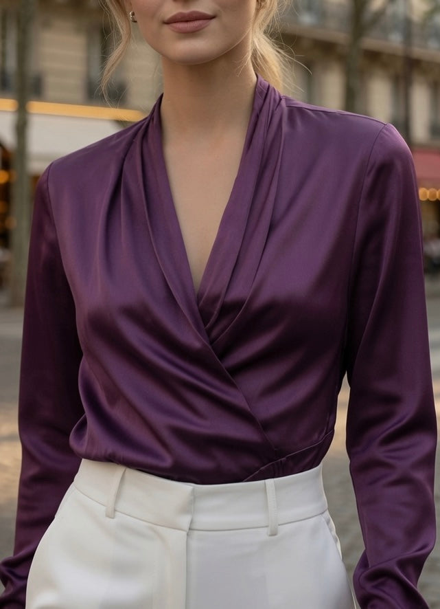 Top Elegante De Satén Con Cuello V En Manga Larga Casual Formal Moda Mujer En Tendencia 2 Tonos Mas 2 Tonos Mas