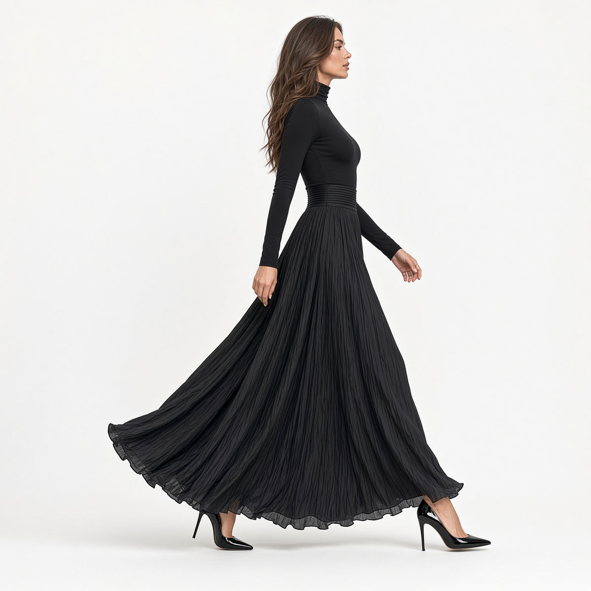 Conjunto Elegante De Jersey Manga Larga De Cuello Alto Y Falda Larga Casual Formal Moda Mujer En Tendencia