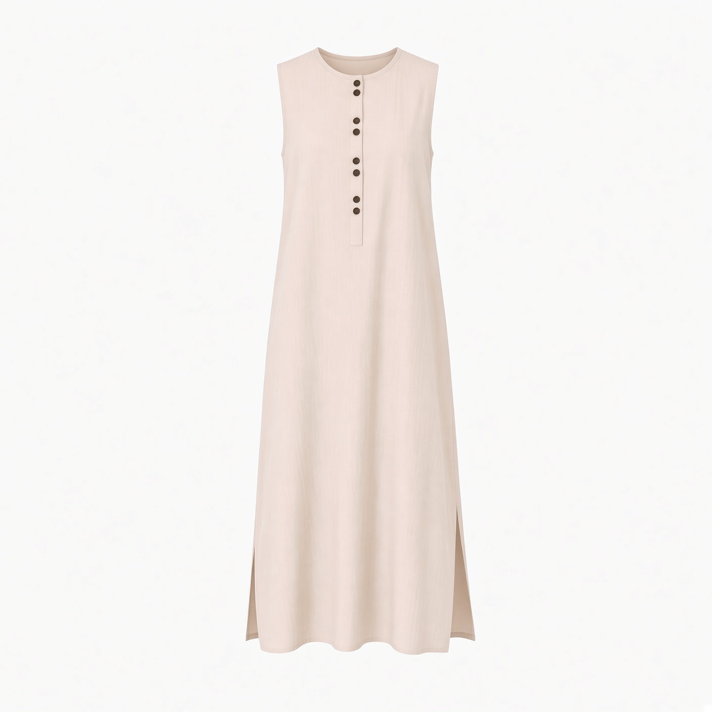 Vestidos Elegante Sin Mangas Beige Suave Ligero Fresco De Lino Y Algodón Con Abertura Moda Mujer En Tendencia