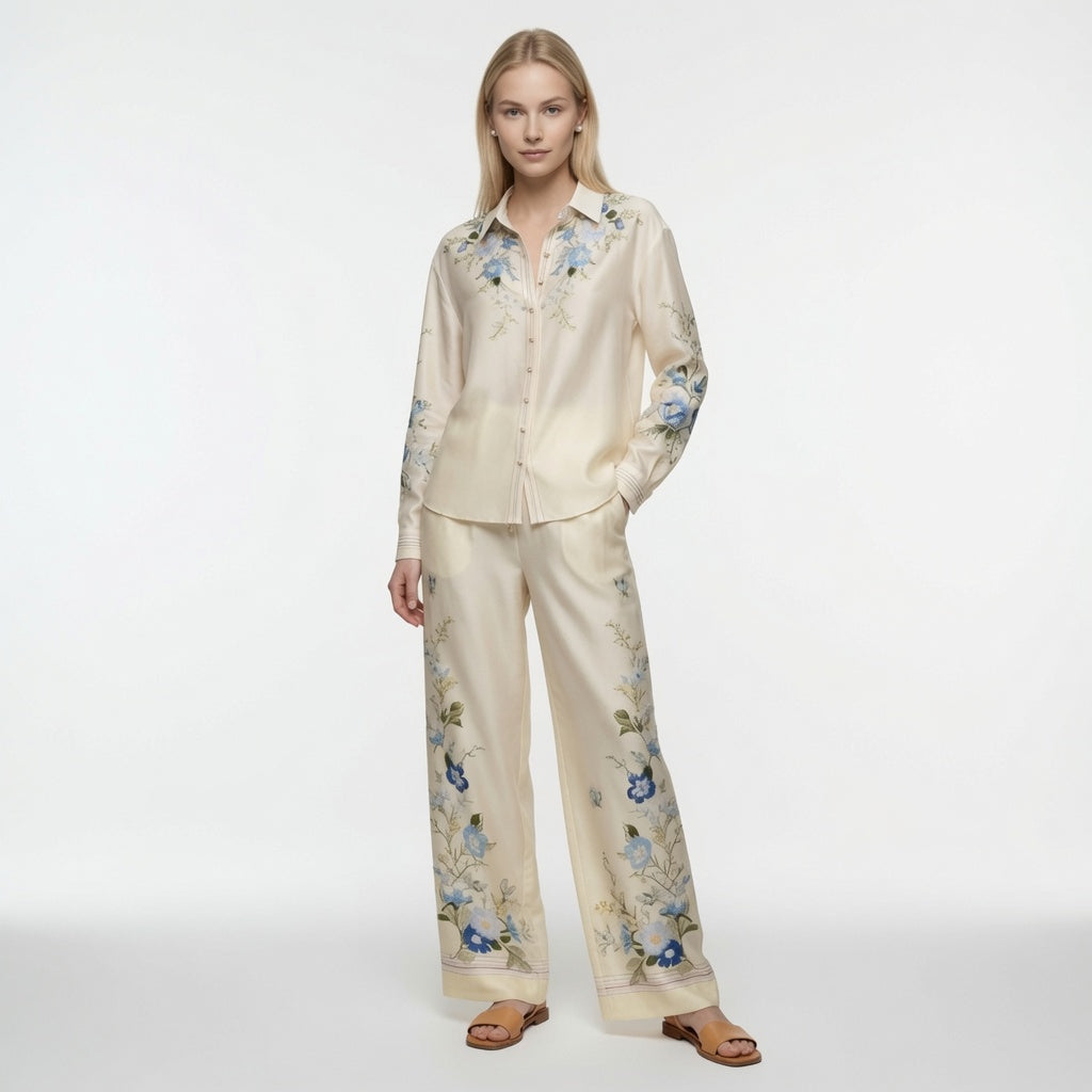 Conjunto Elegante De Blusa y Pantalón Estampado Floral Casual Formal Moda Mujer En Tendencia.