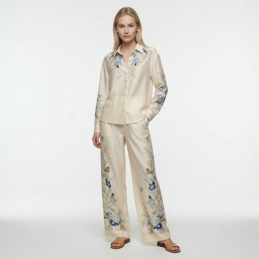 Conjunto Elegante De Blusa y Pantalón Estampado Floral Casual Formal Moda Mujer En Tendencia.