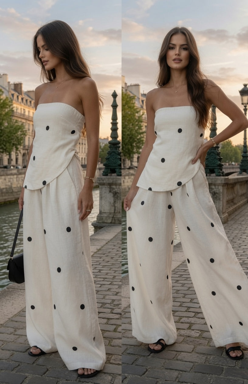 Conjunto Elegante Top Con Tirantes y Pantalón De Pierna Ancha Tipo Mediterráneo Moda Mujer En Tendencia