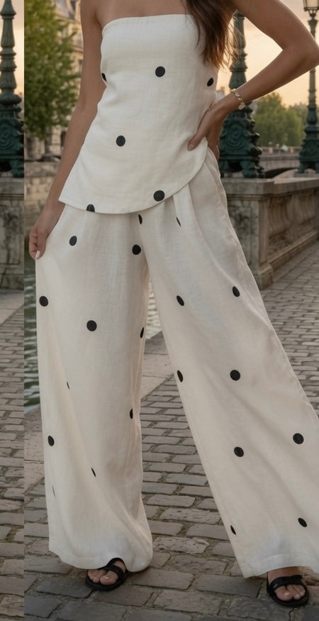 Conjunto Elegante Top Con Tirantes y Pantalón De Pierna Ancha Tipo Mediterráneo Moda Mujer En Tendencia