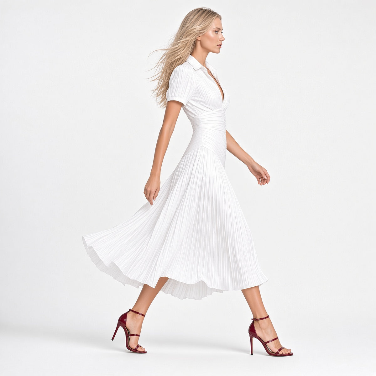 Vestido Largo Plisado Cintura Alta Con Solapa Manga Casual Formal Corta Moda Mujer En Tendencia