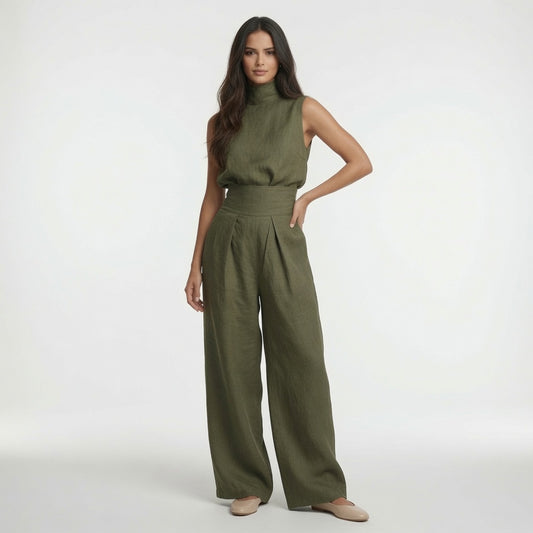 Conjunto de Blusa sin Mangas y Pantalón de Pierna Ancha de Algodón y Lino para Mujer - Estilo Minimalista