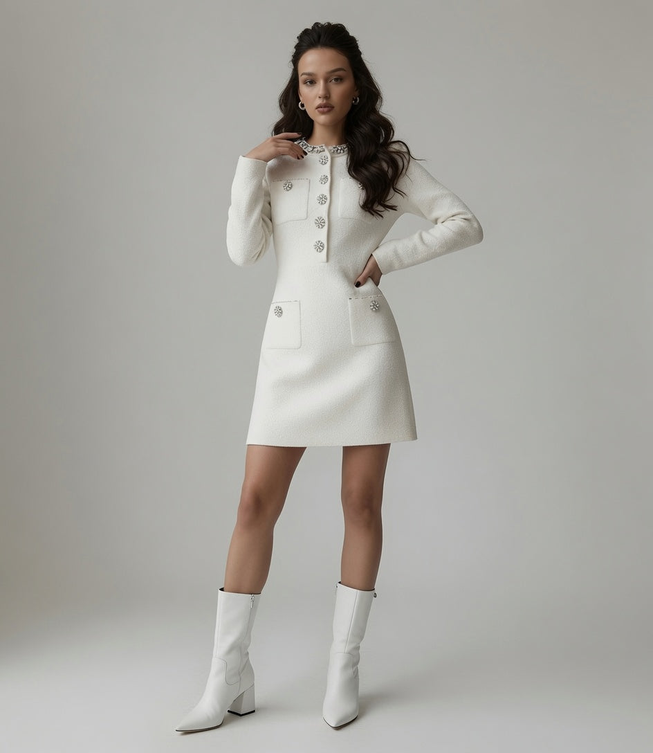 Vestido Elegante Midi Corto Punto Blanco Midi Casual Formal Moda Mujer En Tendencia