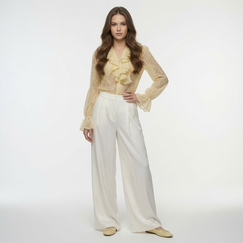 Blusa Elegante Casual Formal Manga Larga Con Bordado y Volantes Moda Mujer En Tendencia Un Tono Mas.