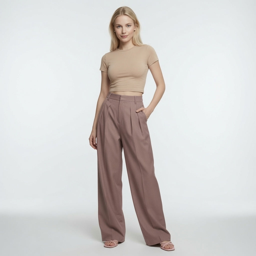 Elegante Pantalón de Traje De Cintura Alta Holgados y De Pierna Ancha Moda Mujer En Tendencia