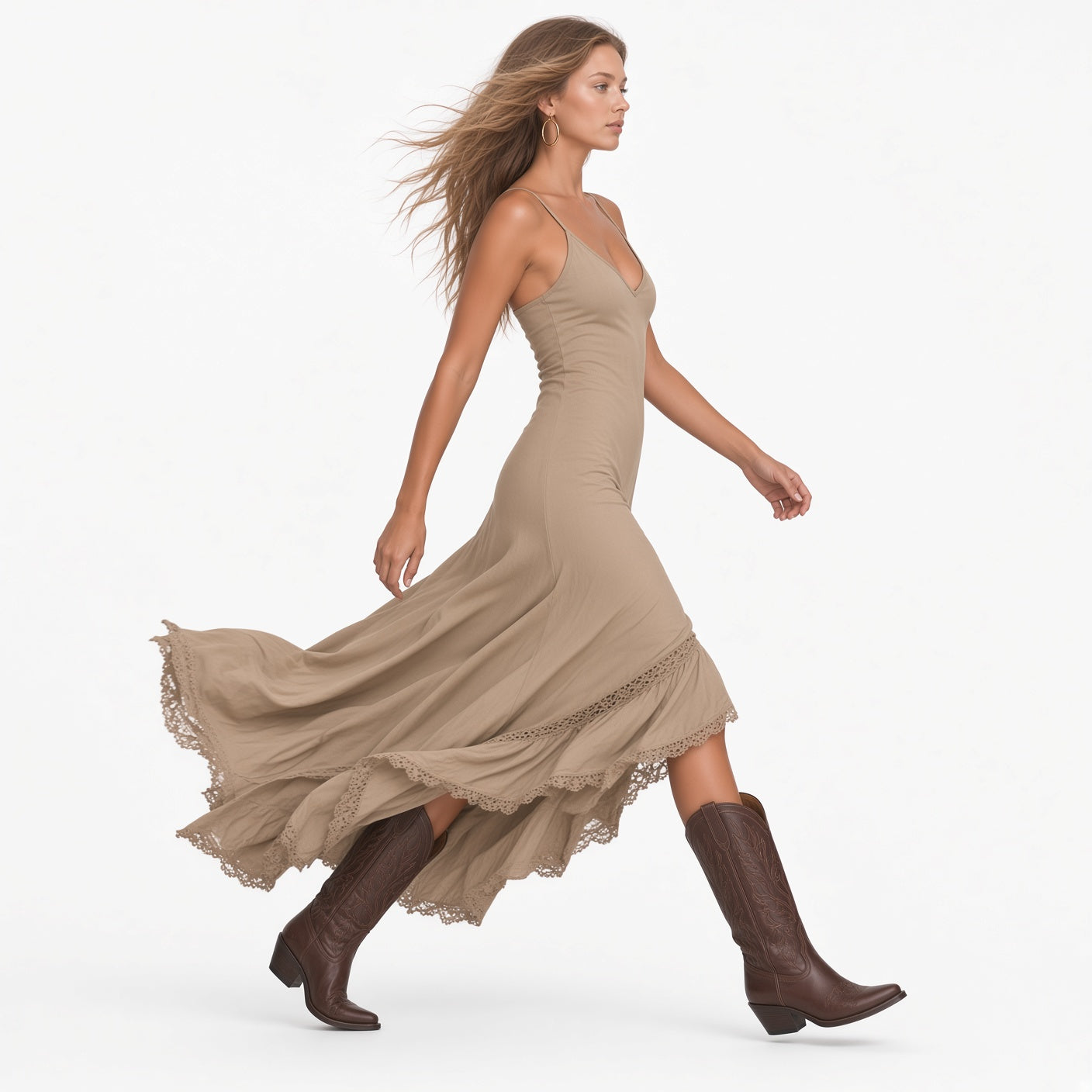 Vestido Largo Elegante Con Tirantes Finos Cuello V Con Volantes Y Encaje Moda Mujer En Tendencia