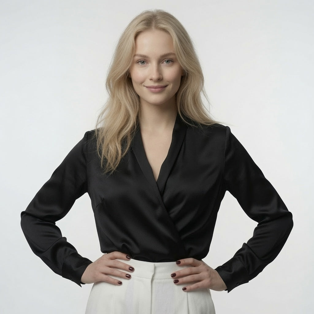 Top Elegante De Satén Con Cuello V En Manga Larga Casual Formal Moda Mujer En Tendencia 2 Tonos Mas 2 Tonos Mas