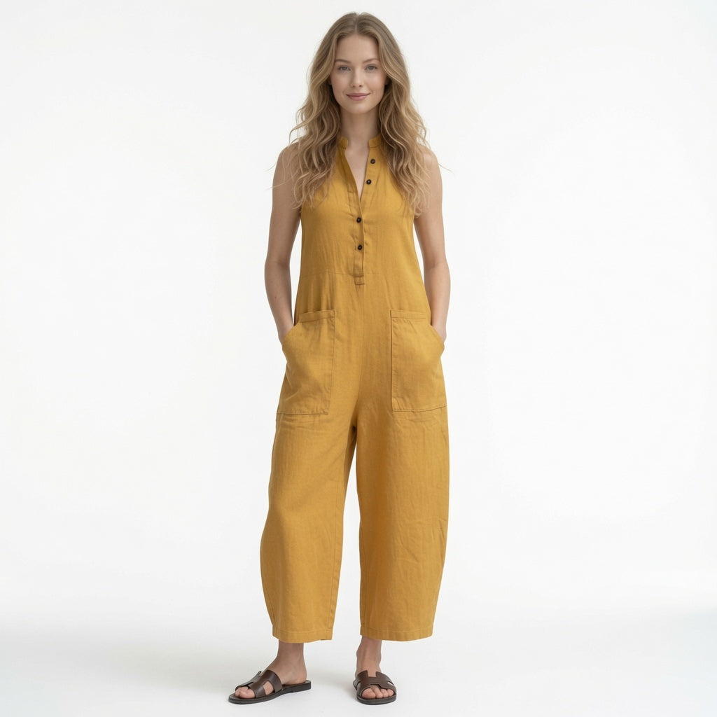 Elegante Mono Casual en Color Liso Holgado Pierna Ancha Sin Mangas Cuello Alto Con Botones Moda Mujer En Tendencia 4 Tonos Mas