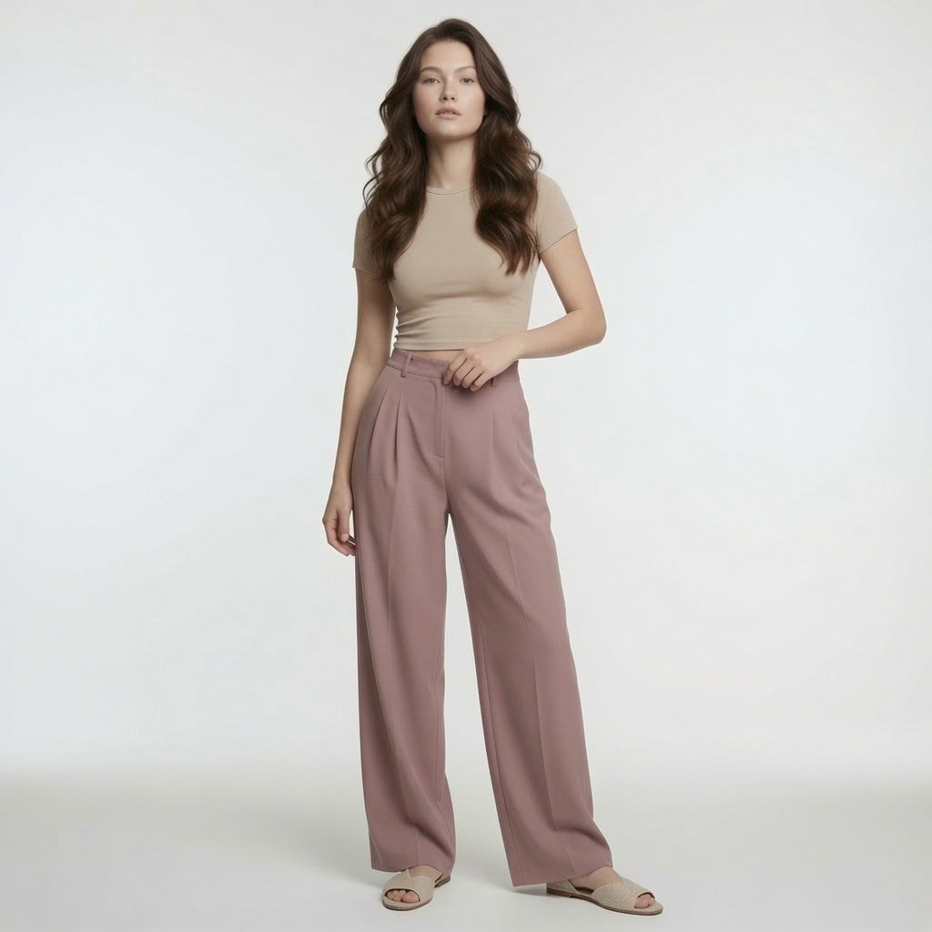 Elegante Pantalón De Pierna Ancha De Cintura Alta Corte Recto Fibra Poliéster Delgado Casual Moda Mujer En Tendencia