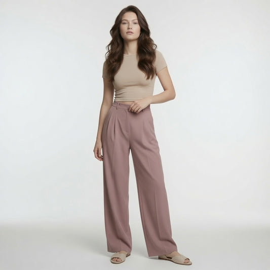 Elegante Pantalón De Pierna Ancha De Cintura Alta Corte Recto Fibra Poliéster Delgado Casual Moda Mujer En Tendencia