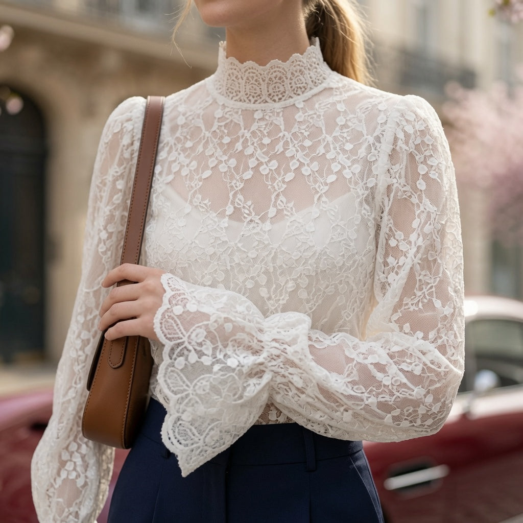 Blusa Elegante De Encaje De Malla Con Mangas Cuello Medio Moda Mujer En Tendencia.