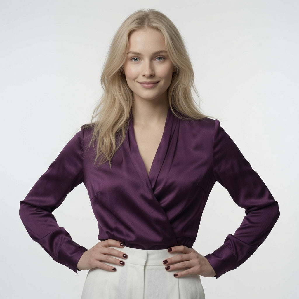Top Elegante De Satén Con Cuello V En Manga Larga Casual Formal Moda Mujer En Tendencia 2 Tonos Mas 2 Tonos Mas