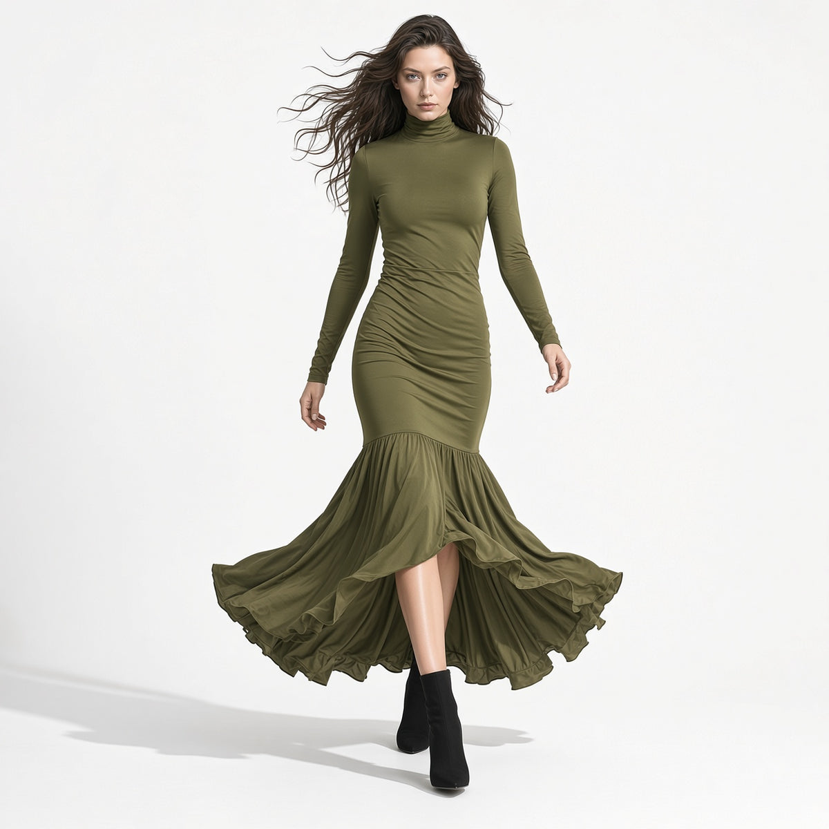 Vestido Elegante Maxi De Manga Larga Cuello Alto Abertura Discreta En Piernas Moda Mujer En Tendencia