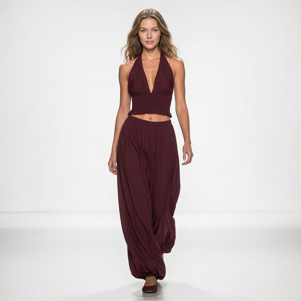 Conjunto Elegante Casual Estilo Boho Cuello Halter y Aventuras Pantalones Holgados Cintura Elástica Moda Mujer En Tendencia